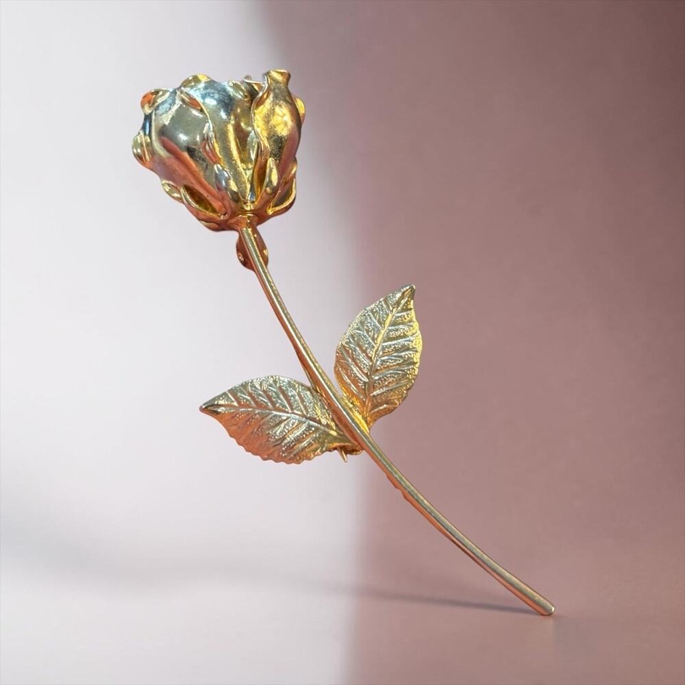 Vintage Gold Rose Brooch Long Stem Romantic Glam Statement Pin